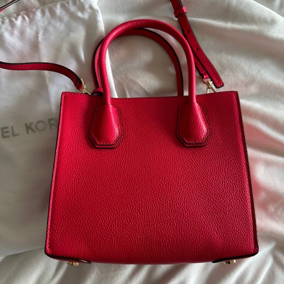 Michael Kors Mercer Pebbled Leather Messenger Crossbody Bag Deep Pink Floral - Picture 3 of 8